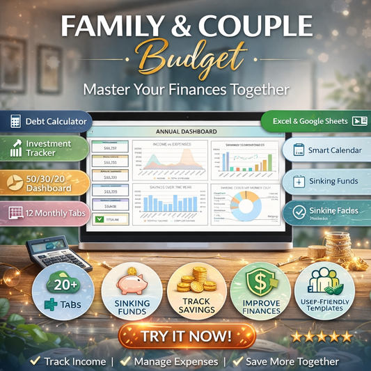 Family & Couple Budget Spreadsheet for Excel & Google Sheets – Annual Monthly Budget Planner, Bill Calendar, Debt Snowball & Net Worth Tracker (Instant Download)