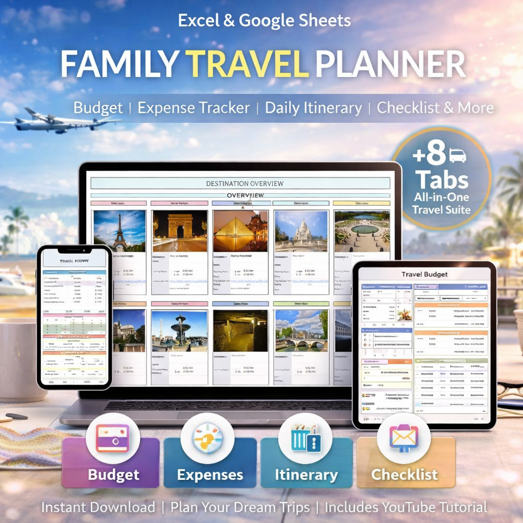 Family Travel Planner Google Sheets & Excel Template – Vacation Itinerary, Holiday Organizer, Travel Budget Spreadsheet & Packing List