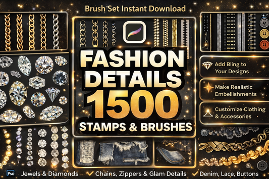 Fashion Details Procreate Brush Set – 1500+ High-Resolution Fashion Illustration Brushes, Zippers, Stitches, Chains & Garment Detail Stamps