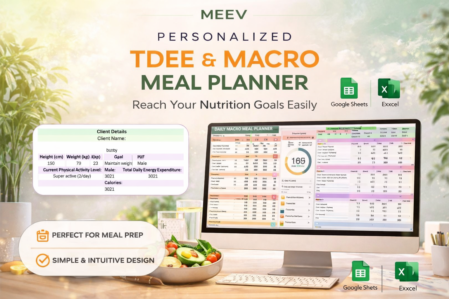 Macro Meal Planner Spreadsheet – Calorie & Macro Calculator for Weight Goals | Google Sheets & Excel Fitness Nutrition Planner