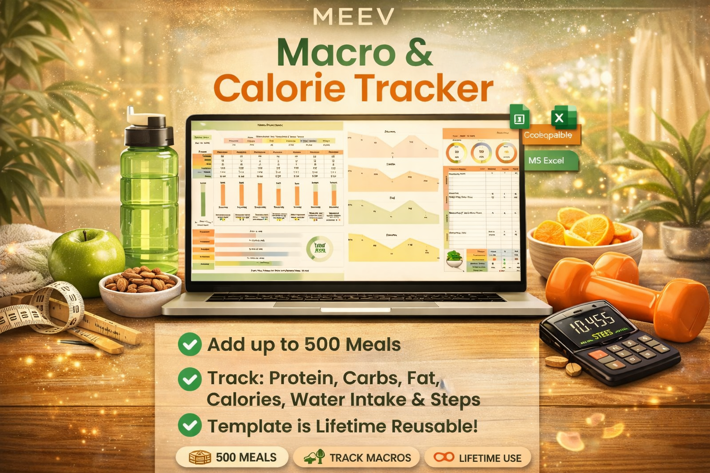 Macro Tracker & Calorie Tracker Spreadsheet for Google Sheets & Excel | Nutrition Planner, Meal Log, Macro Calculator & Hydration Tracker