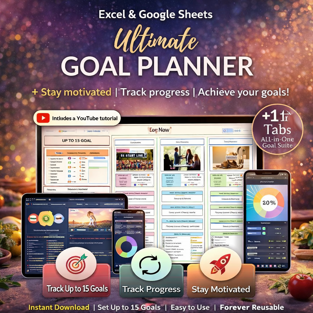 Ultimate Goal Planner Spreadsheet for Google Sheets & Excel – Digital Goal Setting & Progress Tracker with Automated Dashboard
