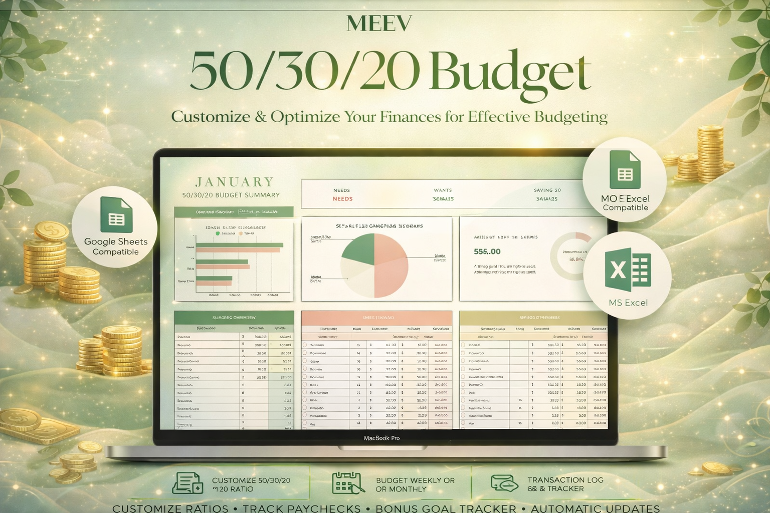 50/30/20 Budget Planner Spreadsheet for Google Sheets & Excel – Monthly Personal Finance & Paycheck Budget Template