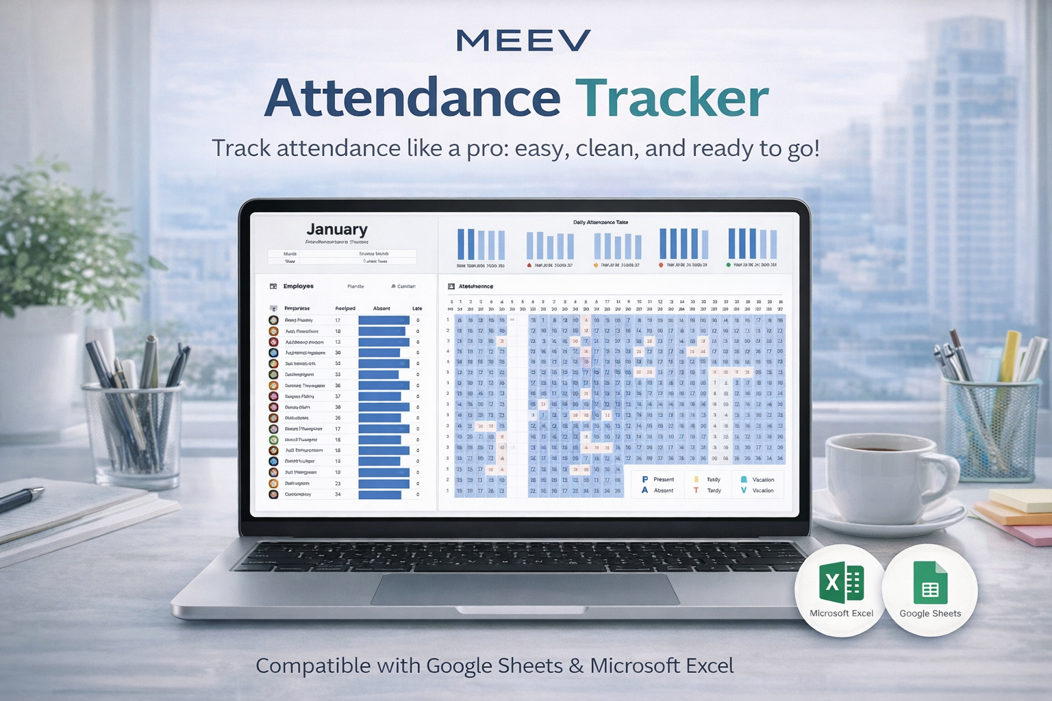 Attendance Tracker Template for Google Sheets & Excel with Dashboard – Monthly Employee & Student Attendance Log (Instant Download)