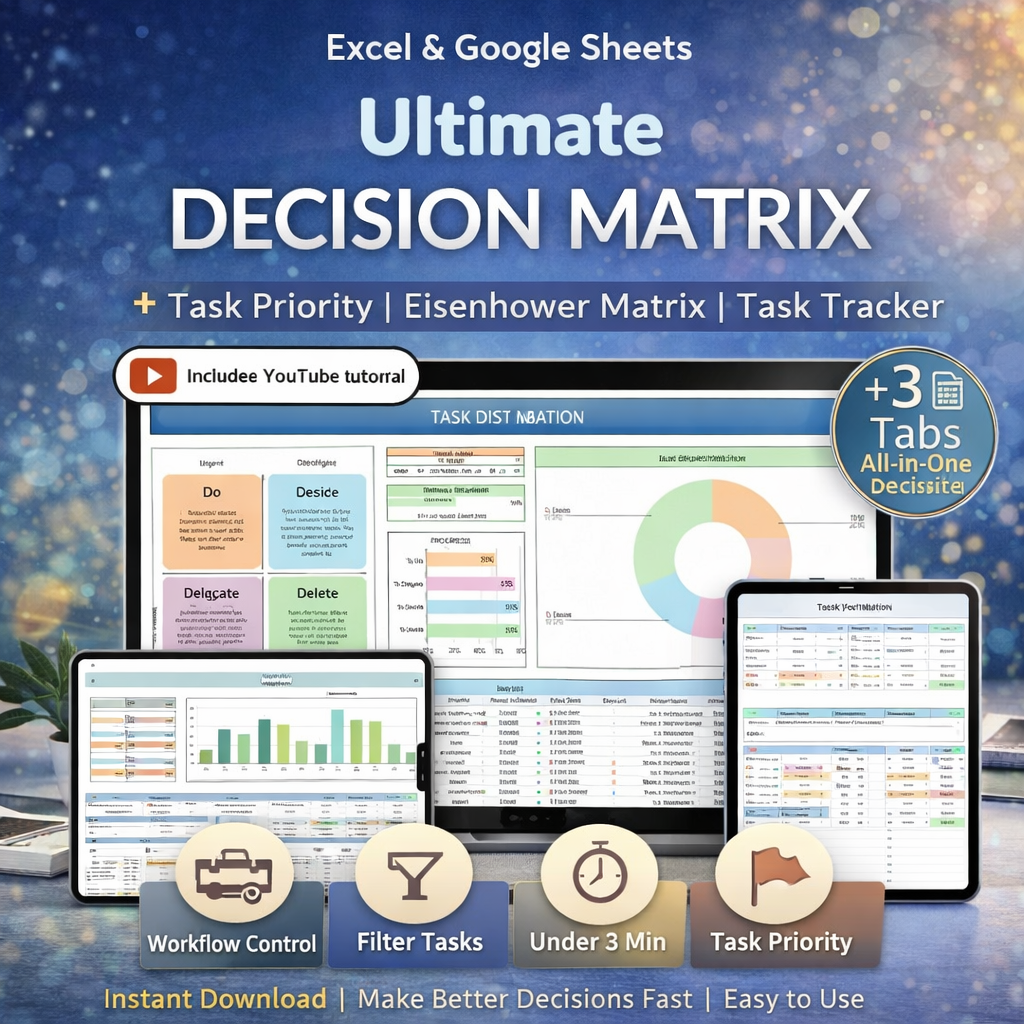 Decision Matrix Task Tracker for Google Sheets & Excel – Smart Decision Making Spreadsheet with Eisenhower Matrix & To-Do List