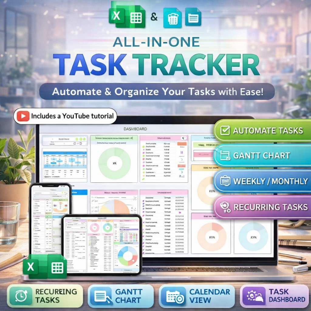 All-in-One Task Tracker Spreadsheet for Google Sheets & Excel – Digital Daily Planner with Recurring Tasks, Kanban Board & Gantt Chart