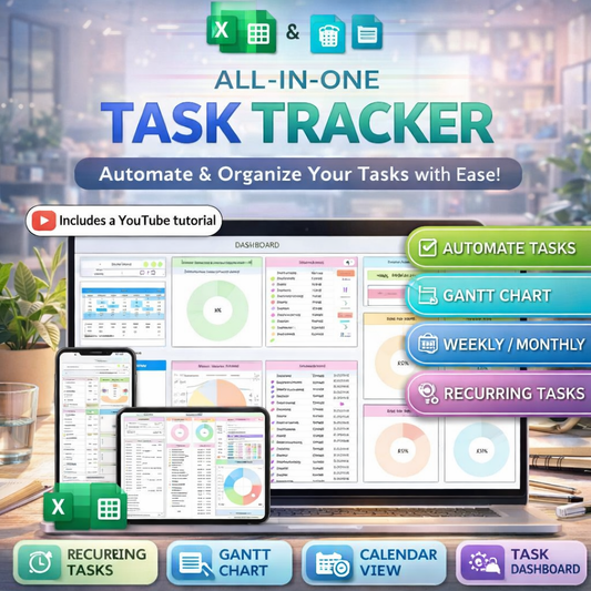 All-in-One Task Tracker Spreadsheet for Google Sheets & Excel – Digital Daily Planner with Recurring Tasks, Kanban Board & Gantt Chart