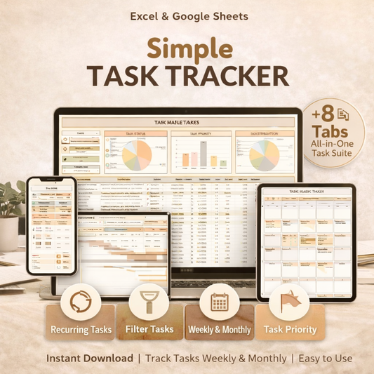 All-in-One Task Tracker Spreadsheet for Google Sheets & Excel – Recurring Task Planner with Monthly & Weekly Calendar Dashboard (Digital Download)