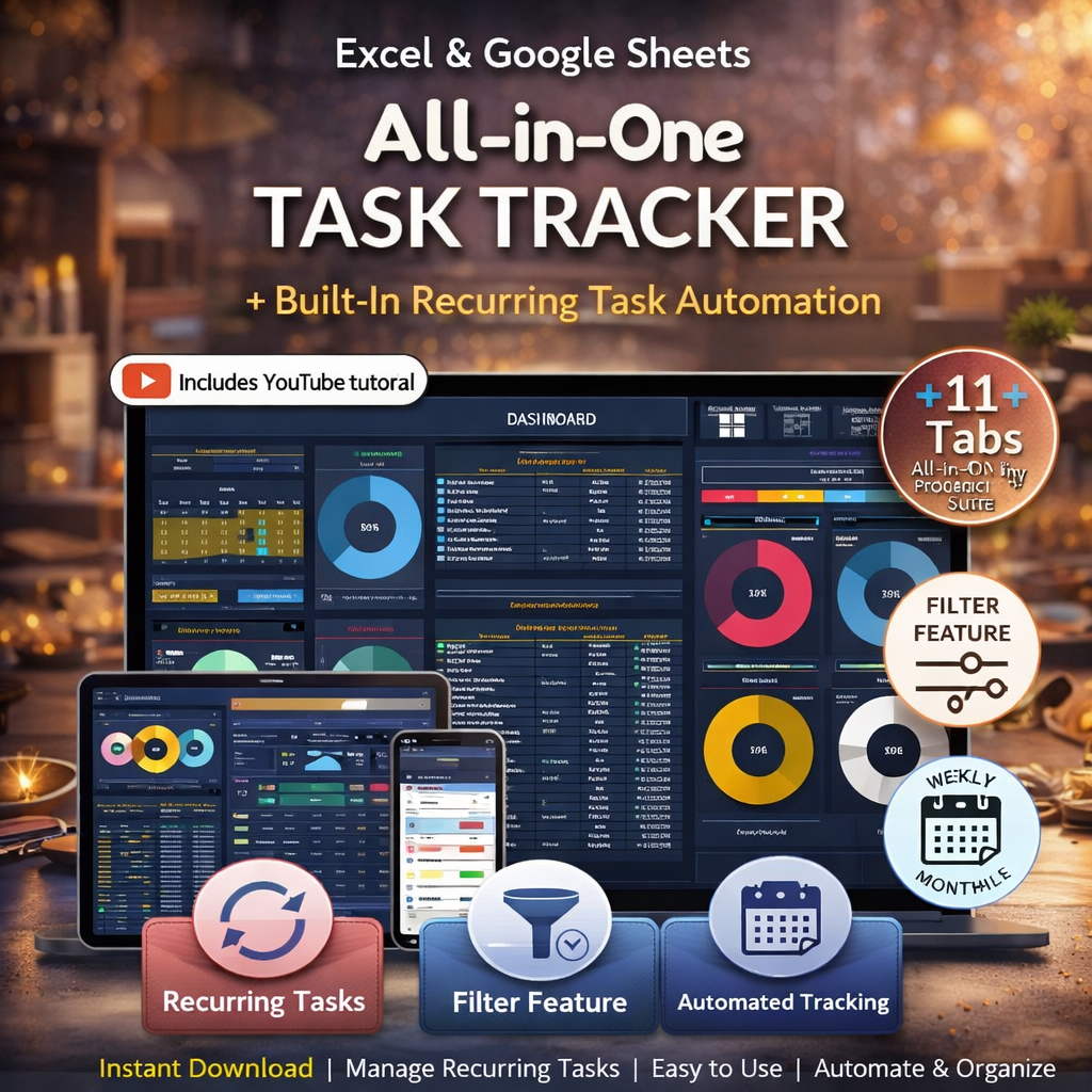 All-in-One Task Tracker Spreadsheet for Google Sheets & Excel – Daily Planner, Recurring Task Manager, Kanban Board & Gantt Chart