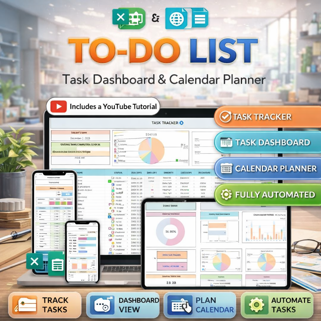 Automated To-Do List Template for Excel & Google Sheets – Smart Task Tracker with Calendar, Progress Charts & Deadline Planner