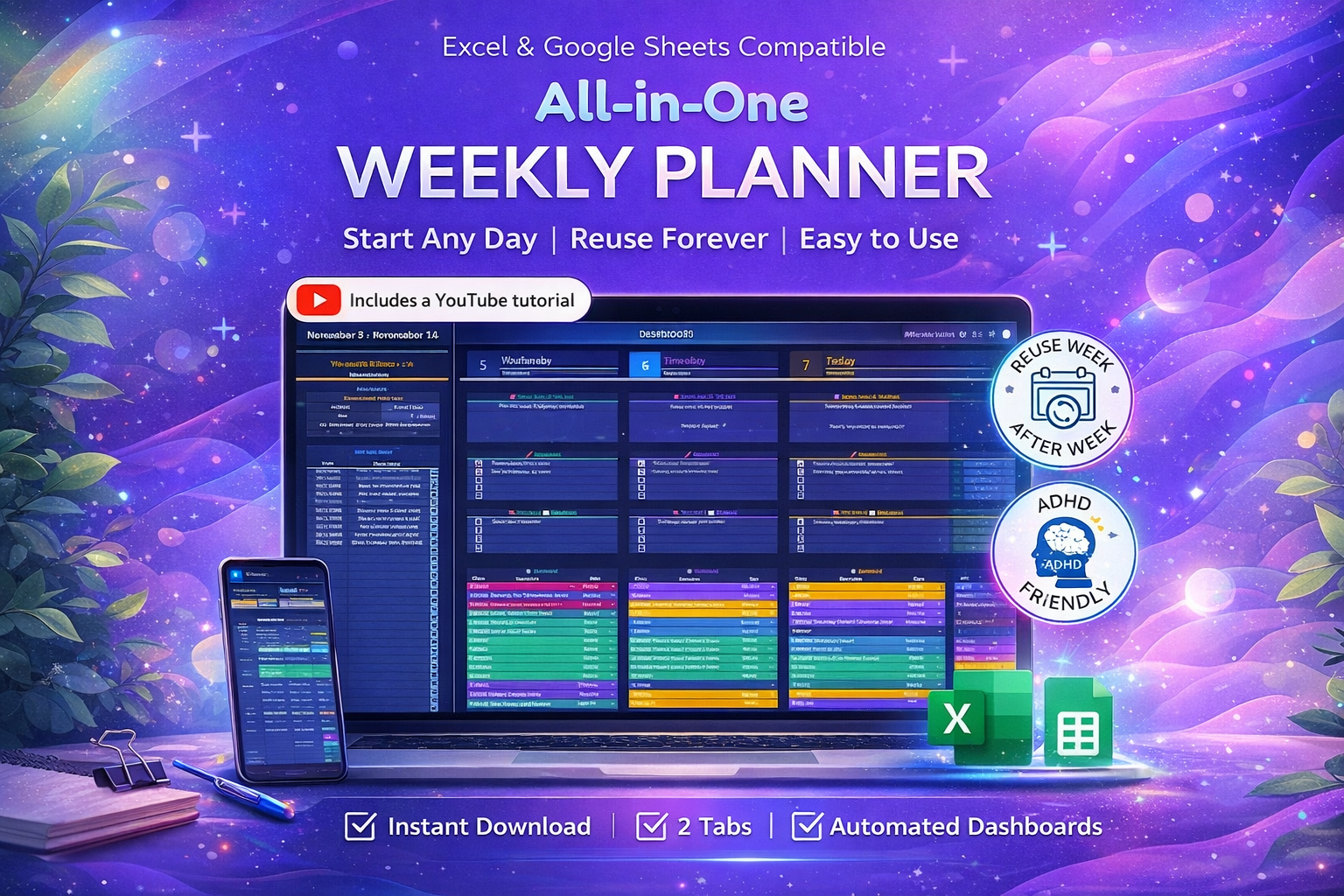 Weekly Planner Spreadsheet for Google Sheets & Excel – Editable Task Tracker, Weekly Goal Planner & Productivity System (Instant Digital Download)