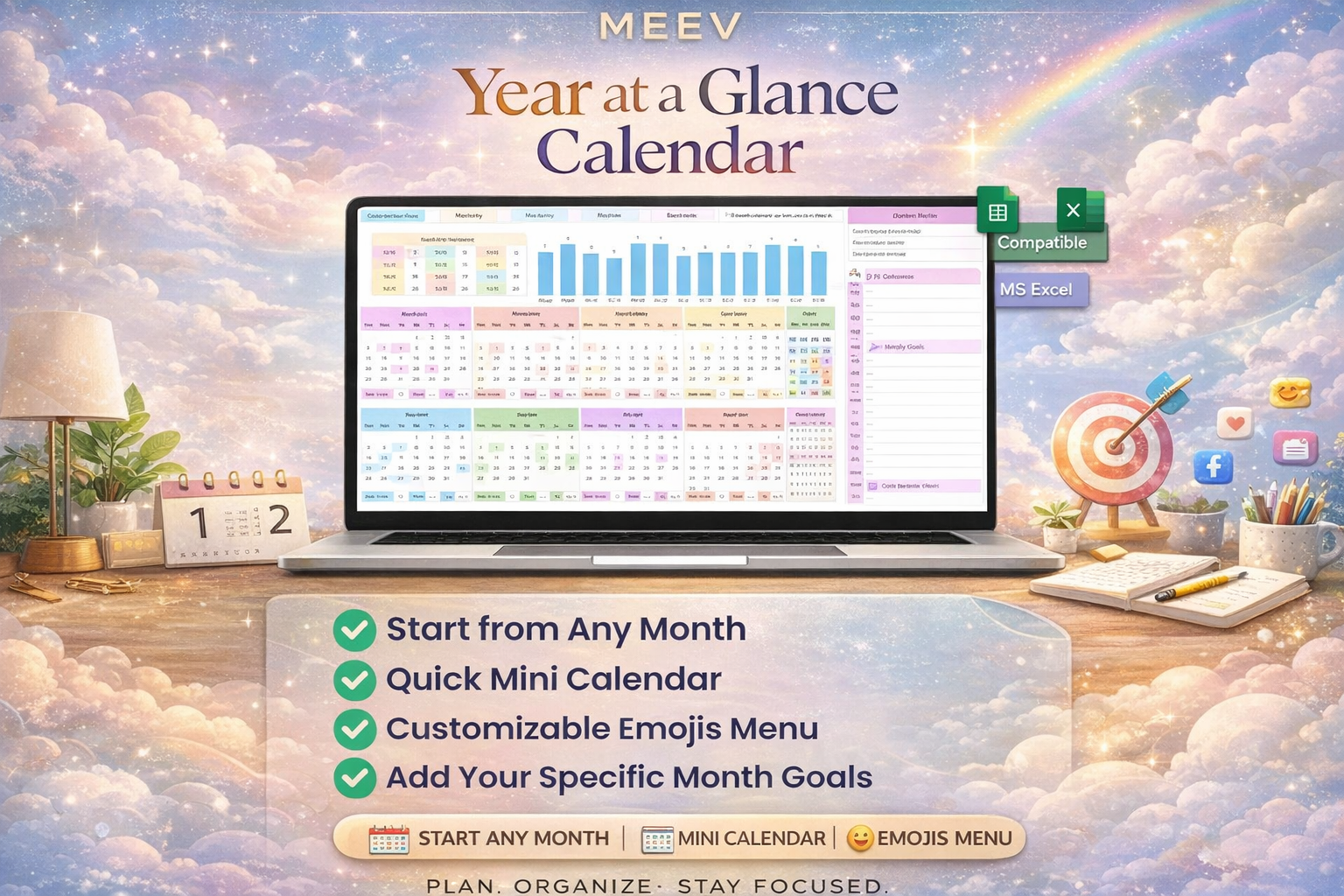 Year at a Glance Template Spreadsheet for Excel & Google Sheets – Annual Calendar Planner with Goals & Events Tracker (Start Any Month)