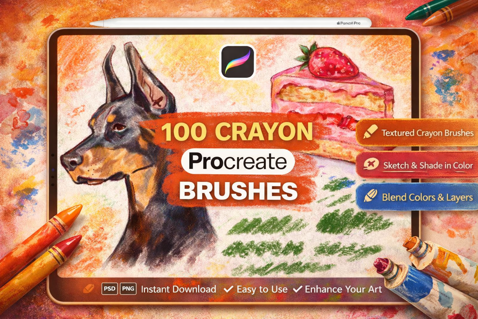 100 Realistic Crayon Brushes for Procreate – Textured Wax & Pastel Style Brushset for iPad Illustration