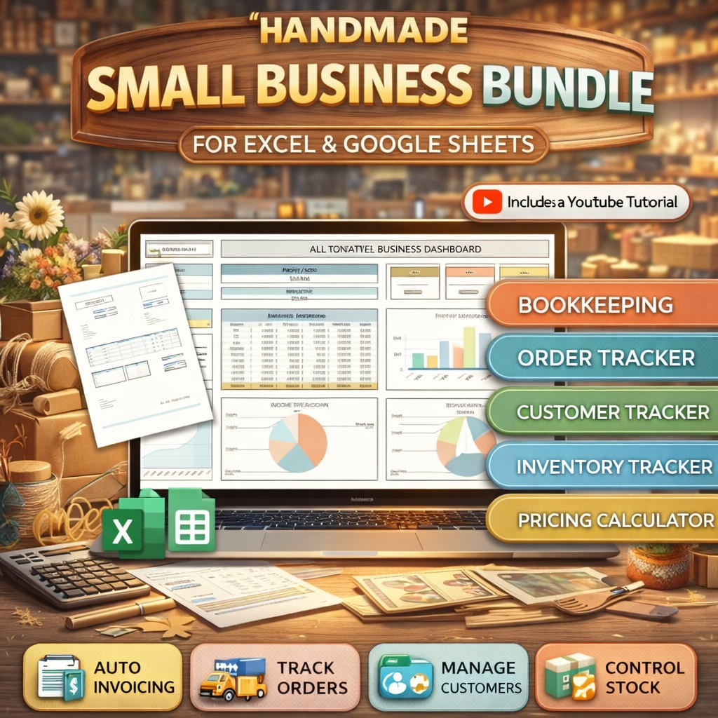 Handmade Small Business Bookkeeping Spreadsheet Bundle – Inventory, Order & Pricing Tracker (Google Sheets & Excel)