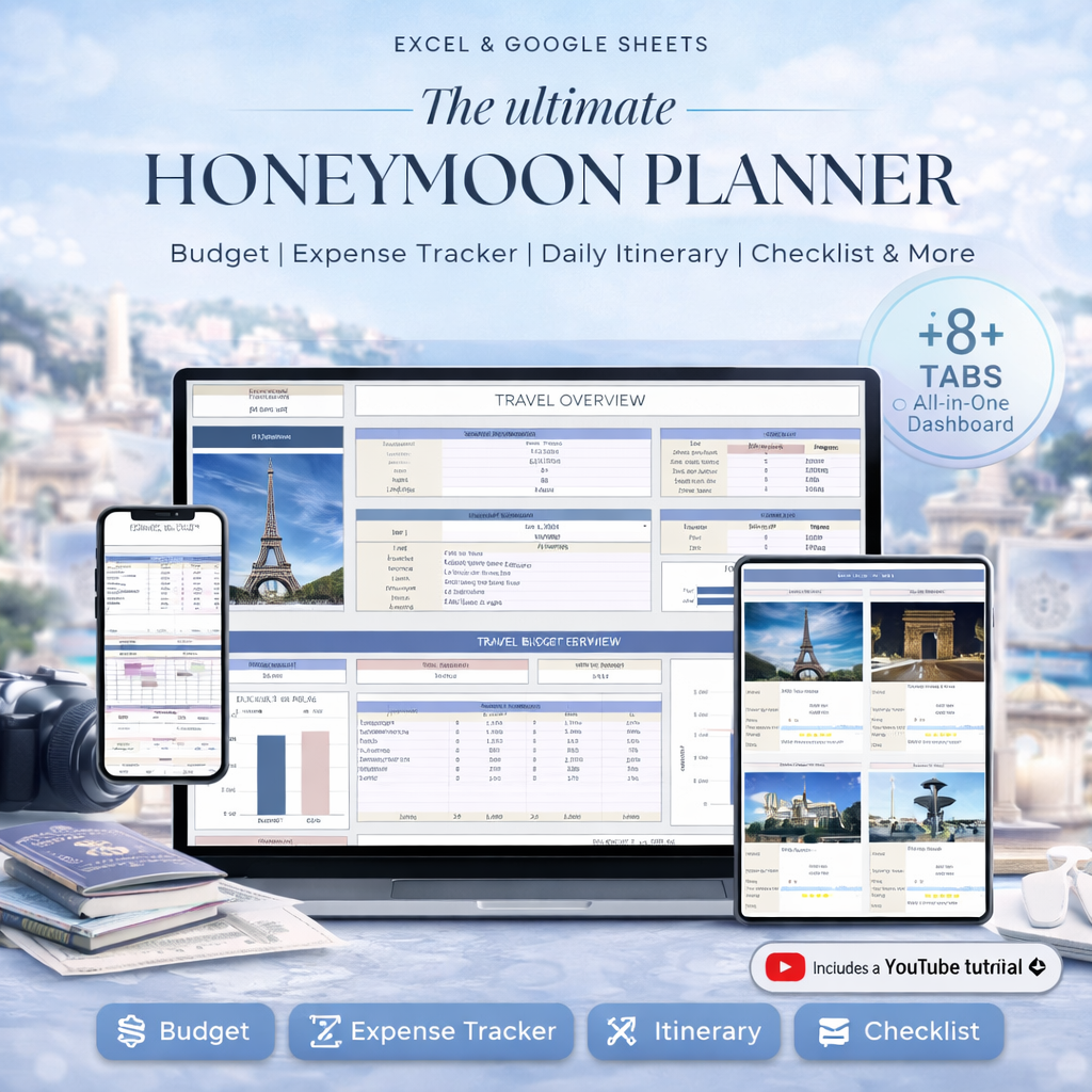 Honeymoon Travel Planner Template for Google Sheets & Excel – Wedding Trip Budget, Itinerary & Packing Organizer Spreadsheet (Instant Download)