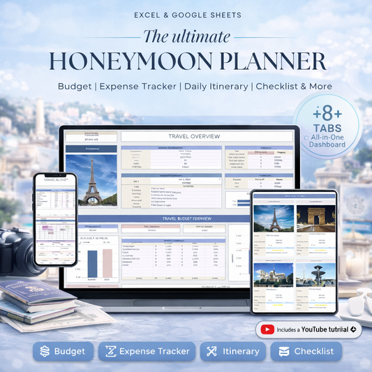 Honeymoon Travel Planner Template for Google Sheets & Excel – Wedding Trip Budget, Itinerary & Packing Organizer Spreadsheet (Instant Download)
