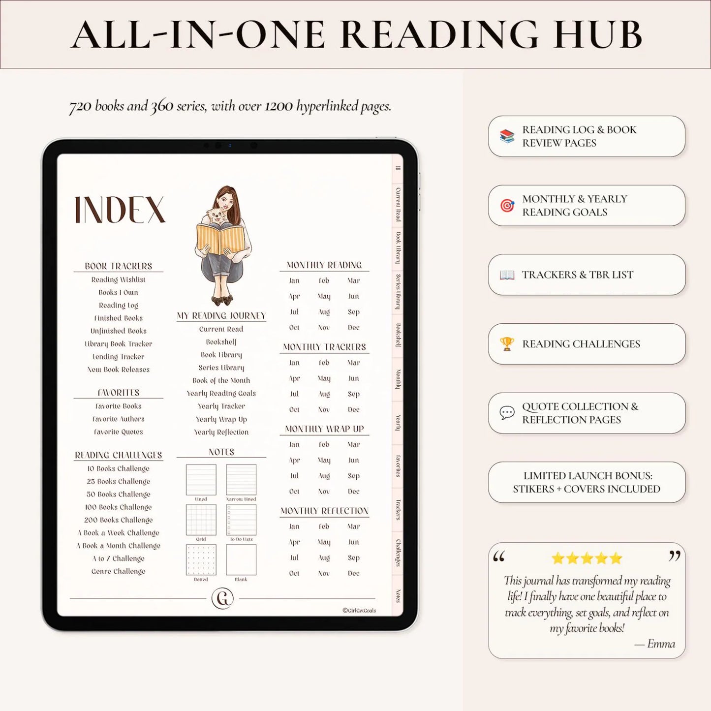 Digital Reading Journal for iPad & Android – Book Tracker, Review Log, Bookshelf Planner for GoodNotes, Notability & Kindle Scribe