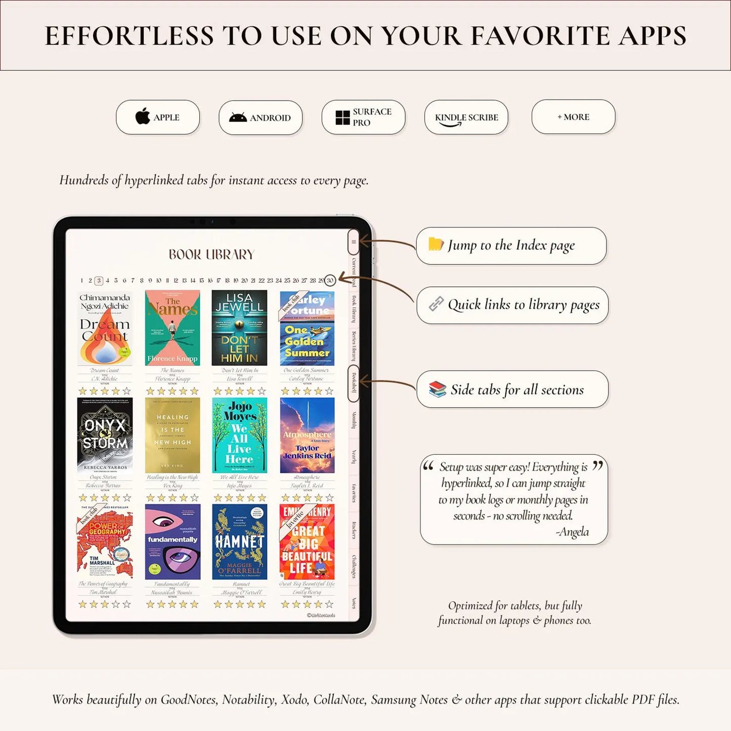 Digital Reading Journal for iPad & Android – Book Tracker, Review Log, Bookshelf Planner for GoodNotes, Notability & Kindle Scribe