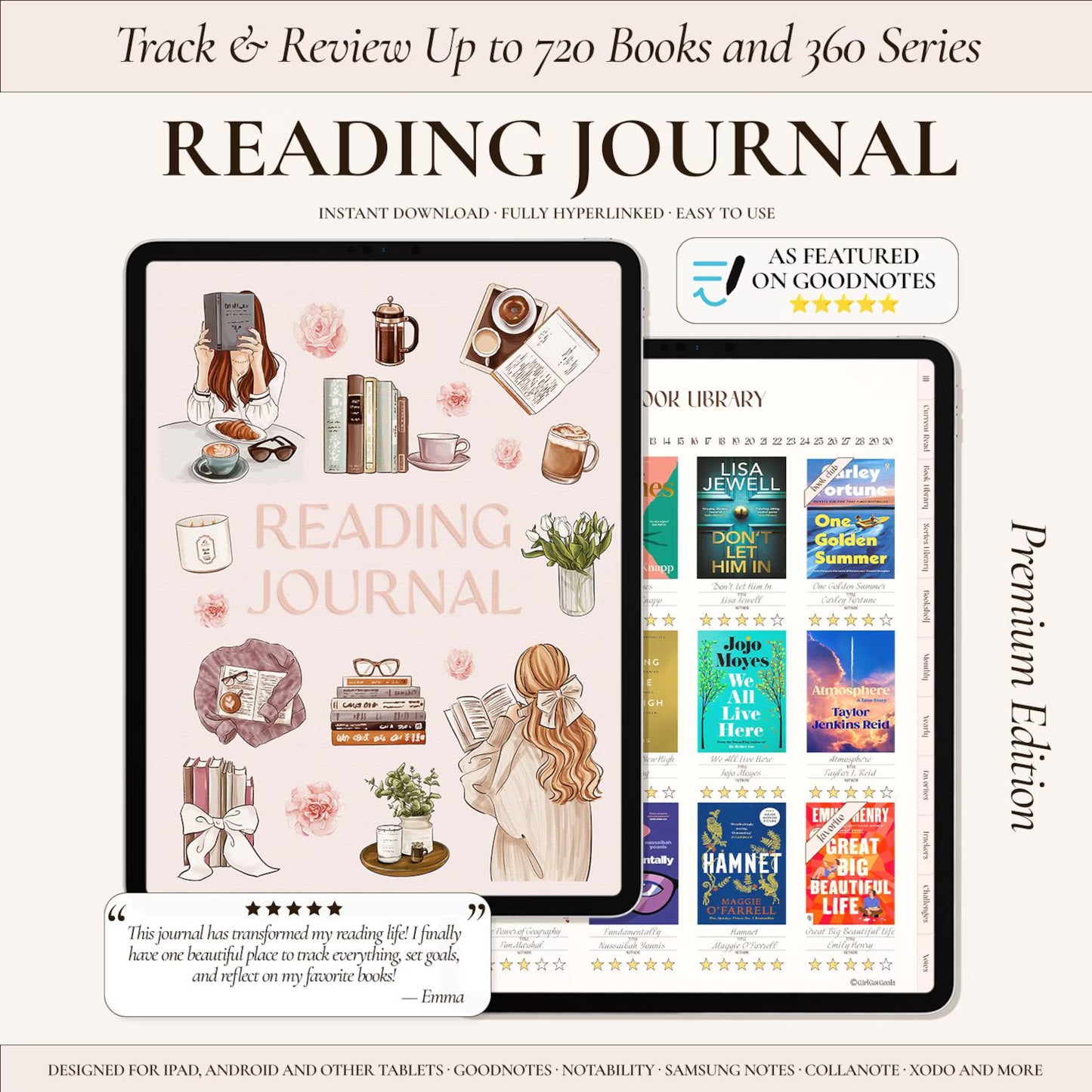 Digital Reading Journal for iPad & Android – Book Tracker, Review Log, Bookshelf Planner for GoodNotes, Notability & Kindle Scribe