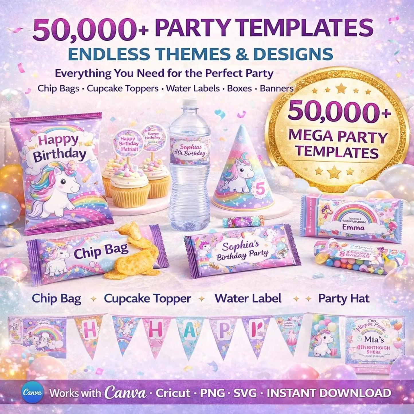 50,000+ Party Favor Templates Bundle – Editable Canva Birthday Decorations, Chip Bags, Water Bottle Labels & DIY Party Kit (Instant Download)