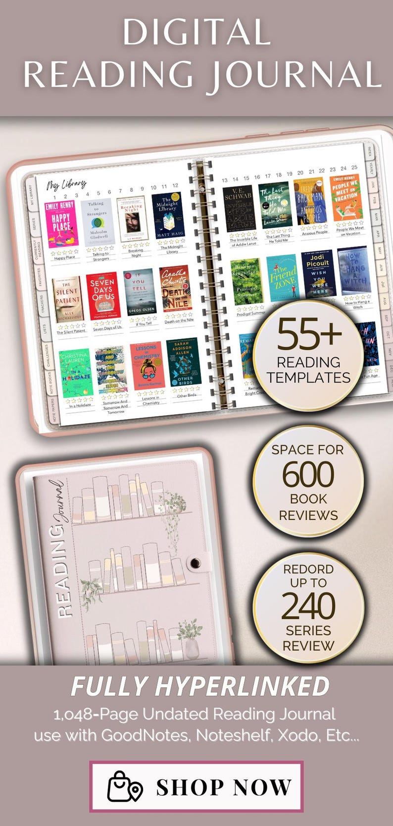 Reading Journal Digital Planner for iPad & Android Gift for Book Lover Reading Log Record Reviews Track Goals Notability GoodNotes Planner