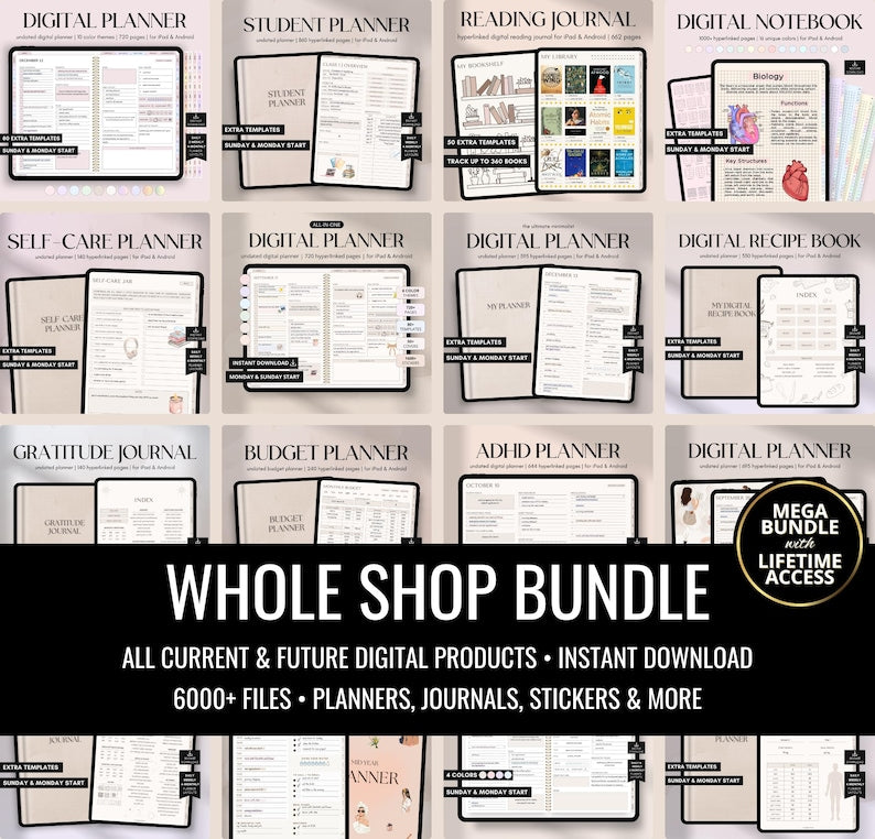 Digital Planner Whole Shop Bundle – Lifetime Access | 70+ Planners, Journals & Stickers