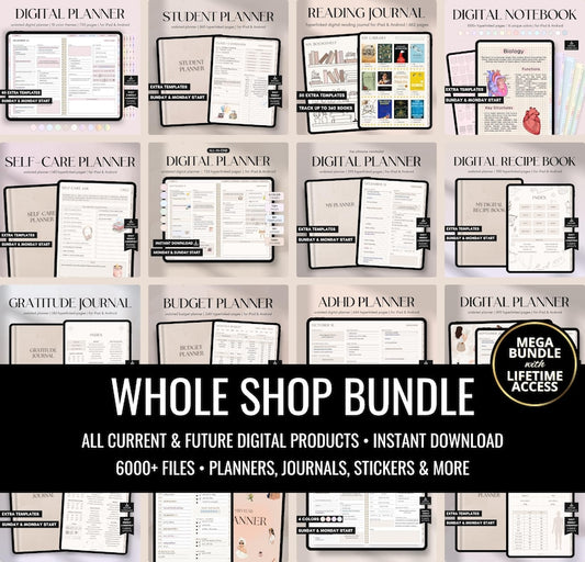 Digital Planner Whole Shop Bundle – Lifetime Access | 70+ Planners, Journals & Stickers