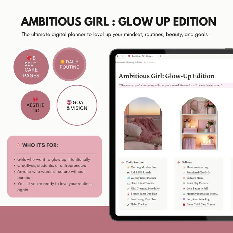 Ambitious Girl Notion Planner – Glow-Up Edition | Aesthetic Digital Life & Goal Planner for Self-Care, Productivity & Soft Life Organization