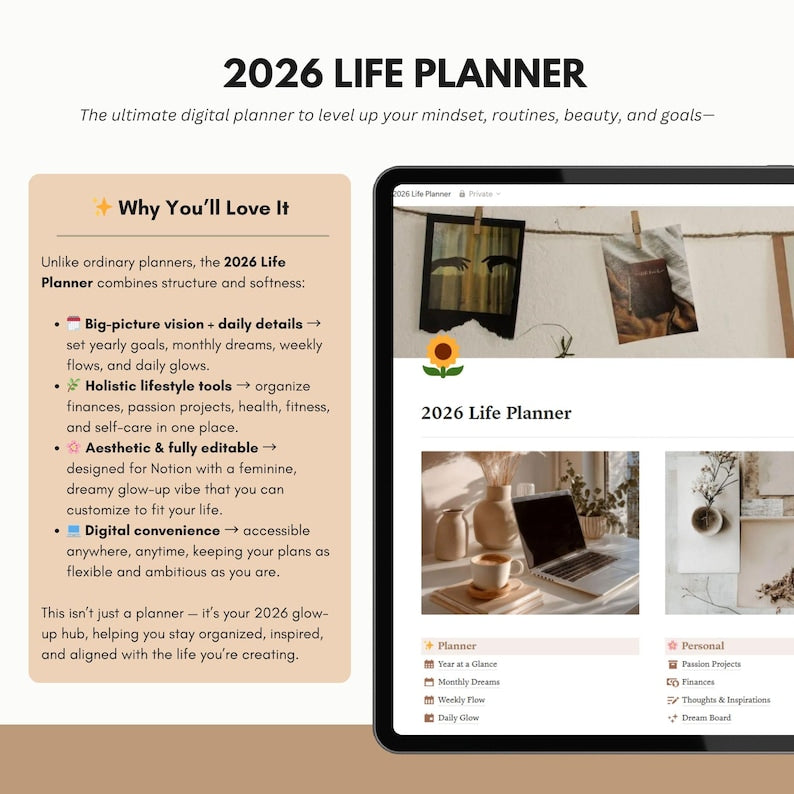 2026 Aesthetic Notion Life Planner – Digital Glow-Up Agenda for Goals, Self-Care & Productivity (PLR & MRR Included)