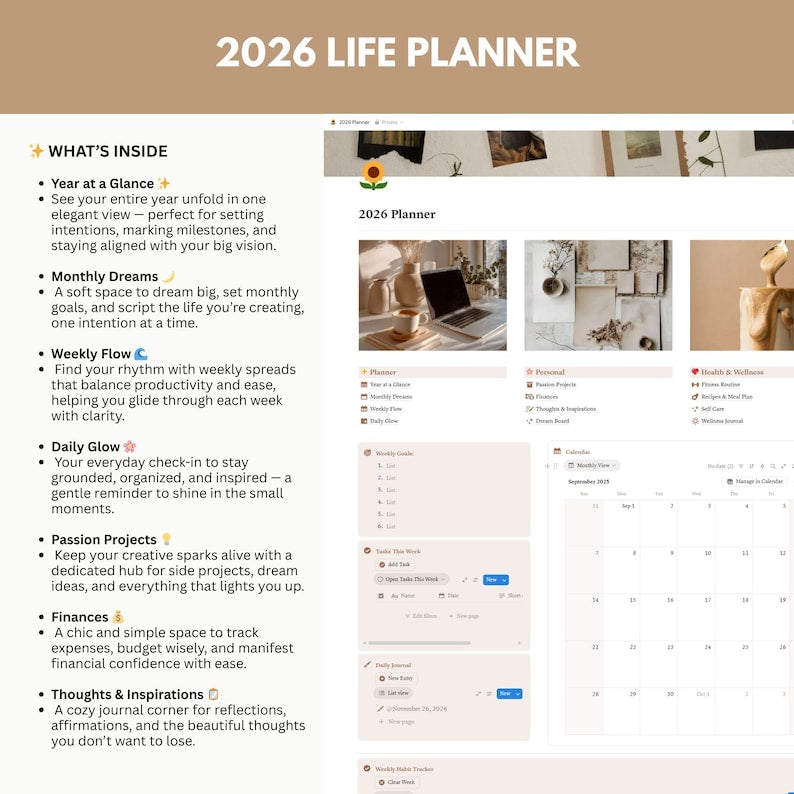 2026 Aesthetic Notion Life Planner – Digital Glow-Up Agenda for Goals, Self-Care & Productivity (PLR & MRR Included)