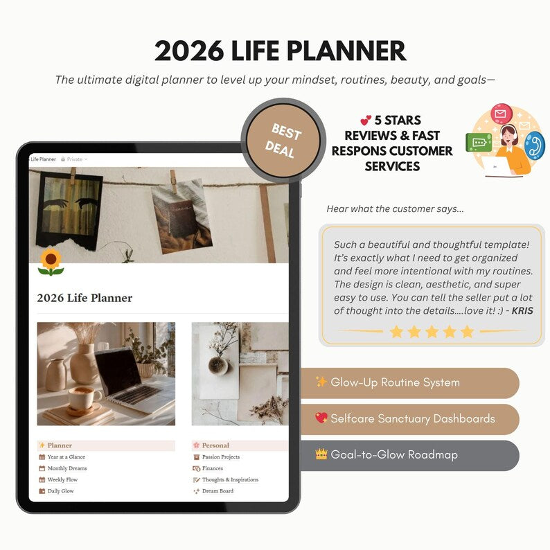 2026 Aesthetic Notion Life Planner – Digital Glow-Up Agenda for Goals, Self-Care & Productivity (PLR & MRR Included)