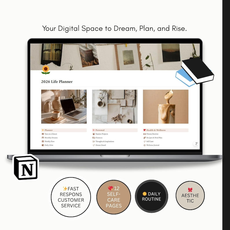 2026 Aesthetic Notion Life Planner – Digital Glow-Up Agenda for Goals, Self-Care & Productivity (PLR & MRR Included)