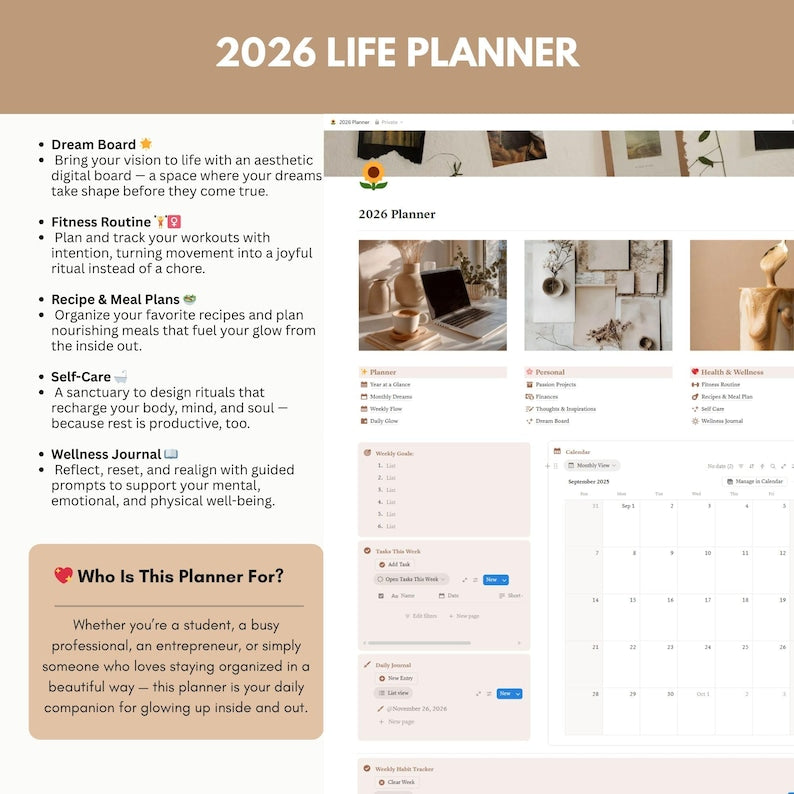 2026 Aesthetic Notion Life Planner – Digital Glow-Up Agenda for Goals, Self-Care & Productivity (PLR & MRR Included)