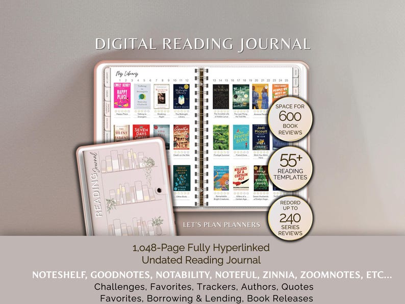 Reading Journal Digital Planner for iPad & Android Gift for Book Lover Reading Log Record Reviews Track Goals Notability GoodNotes Planner