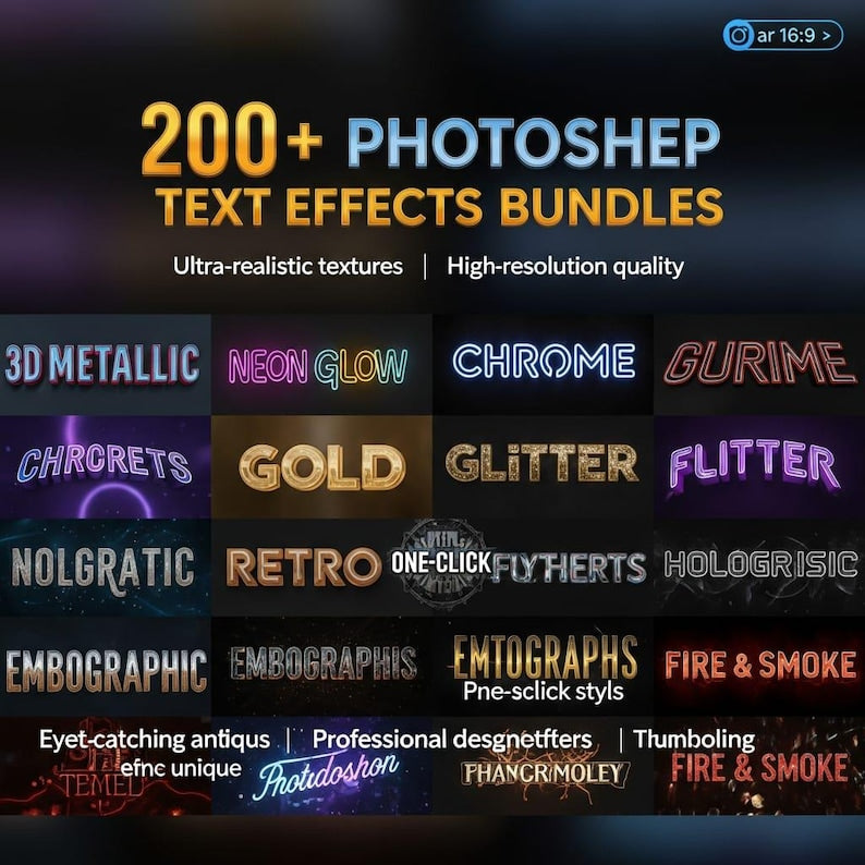 200+ Photoshop Text Effects Bundle – Editable PSD Typography Styles, 3D, Neon, Retro, Metallic & Gaming Text Effects Pack
