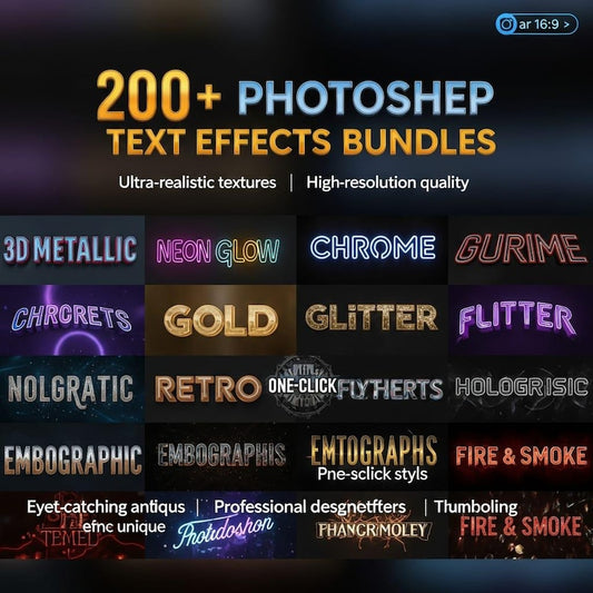 200+ Photoshop Text Effects Bundle – Editable PSD Typography Styles, 3D, Neon, Retro, Metallic & Gaming Text Effects Pack