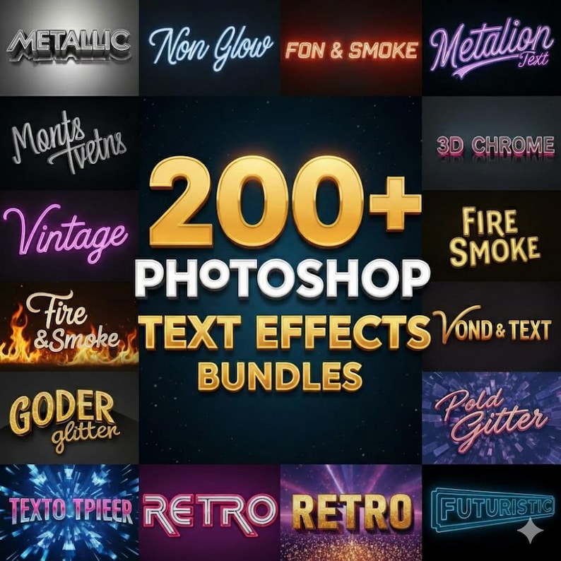 200+ Photoshop Text Effects Bundle – Editable PSD Typography Styles, 3D, Neon, Retro, Metallic & Gaming Text Effects Pack