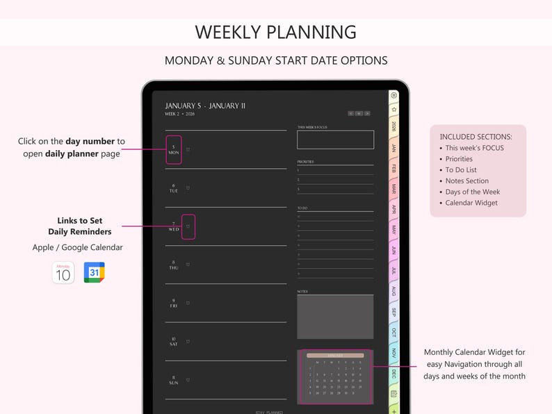 2026 Dark Mode Digital Planner for iPad