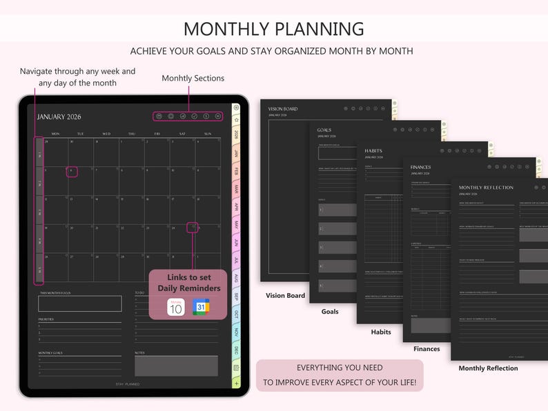 2026 Dark Mode Digital Planner for iPad