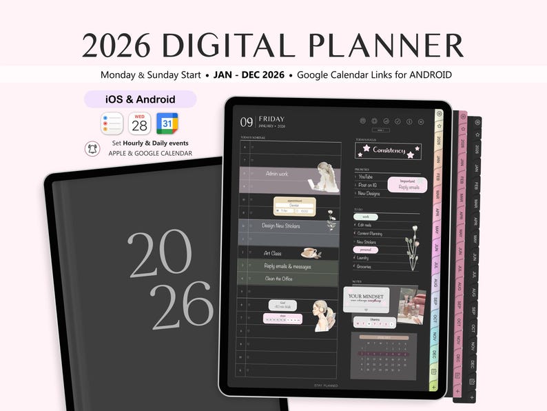 2026 Dark Mode Digital Planner for iPad