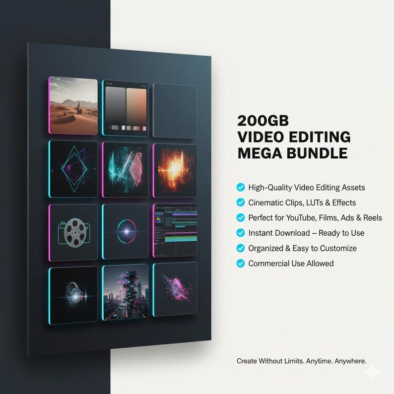 200GB+ All-in-One Video Editing Pack Bundle – Transitions, LUTs, Overlays, SFX & Motion Graphics for YouTube, Reels & Cinematic Content