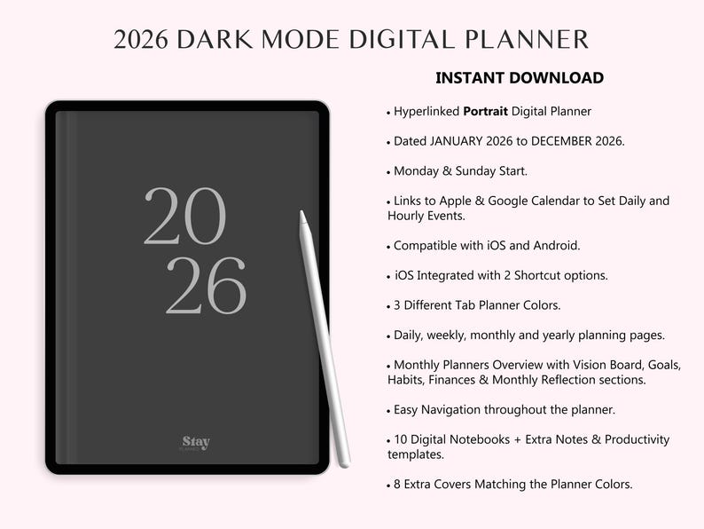 2026 Dark Mode Digital Planner for iPad