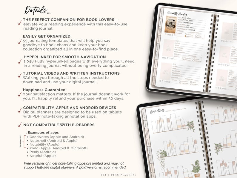 Reading Journal Digital Planner for iPad & Android Gift for Book Lover Reading Log Record Reviews Track Goals Notability GoodNotes Planner