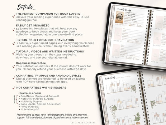 Reading Journal Digital Planner for iPad & Android Gift for Book Lover Reading Log Record Reviews Track Goals Notability GoodNotes Planner
