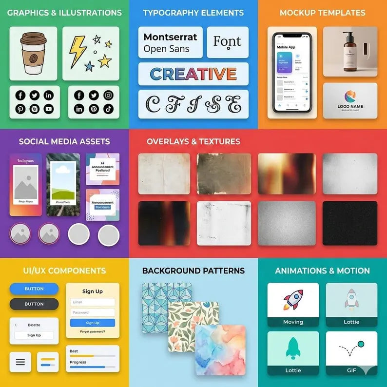 7800+ Graphic Design Elements Bundle | Fonts, Icons, SVG, Mockups & Social Media Assets