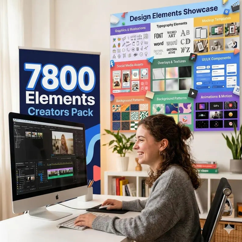 7800+ Graphic Design Elements Bundle | Fonts, Icons, SVG, Mockups & Social Media Assets