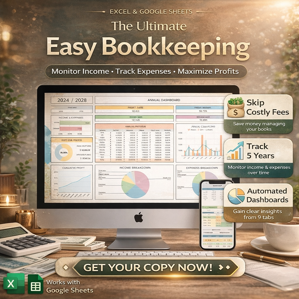 Small Business Bookkeeping Spreadsheet for Google Sheets & Excel – Income & Expense Tracker with Profit & Loss Dashboard & Tax Tracker