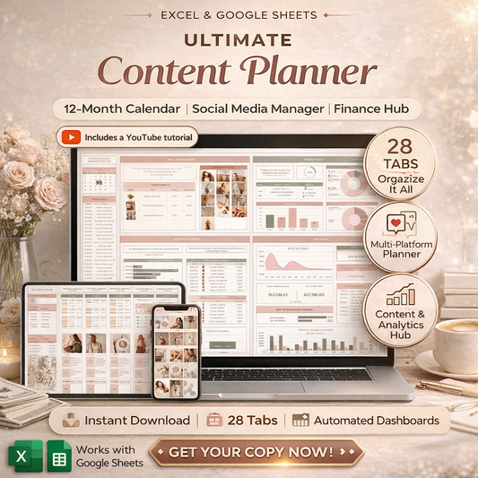 All-in-One Social Media Content Planner Spreadsheet for Instagram, TikTok & YouTube – Google Sheets & Excel Content Calendar with Analytics Dashboard
