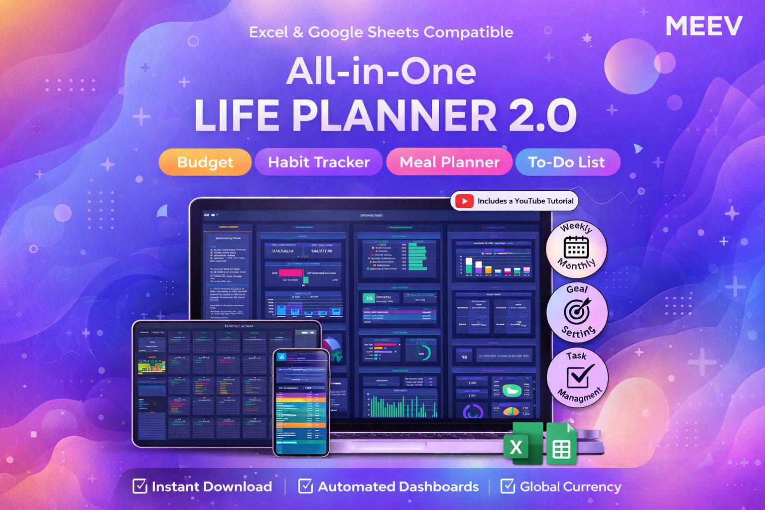 Life Planner Google Sheets & Excel Template 2026–2027 | All-in-One Digital Organizer, Budget & Goal Tracker, Meal Planner & Productivity Dashboard