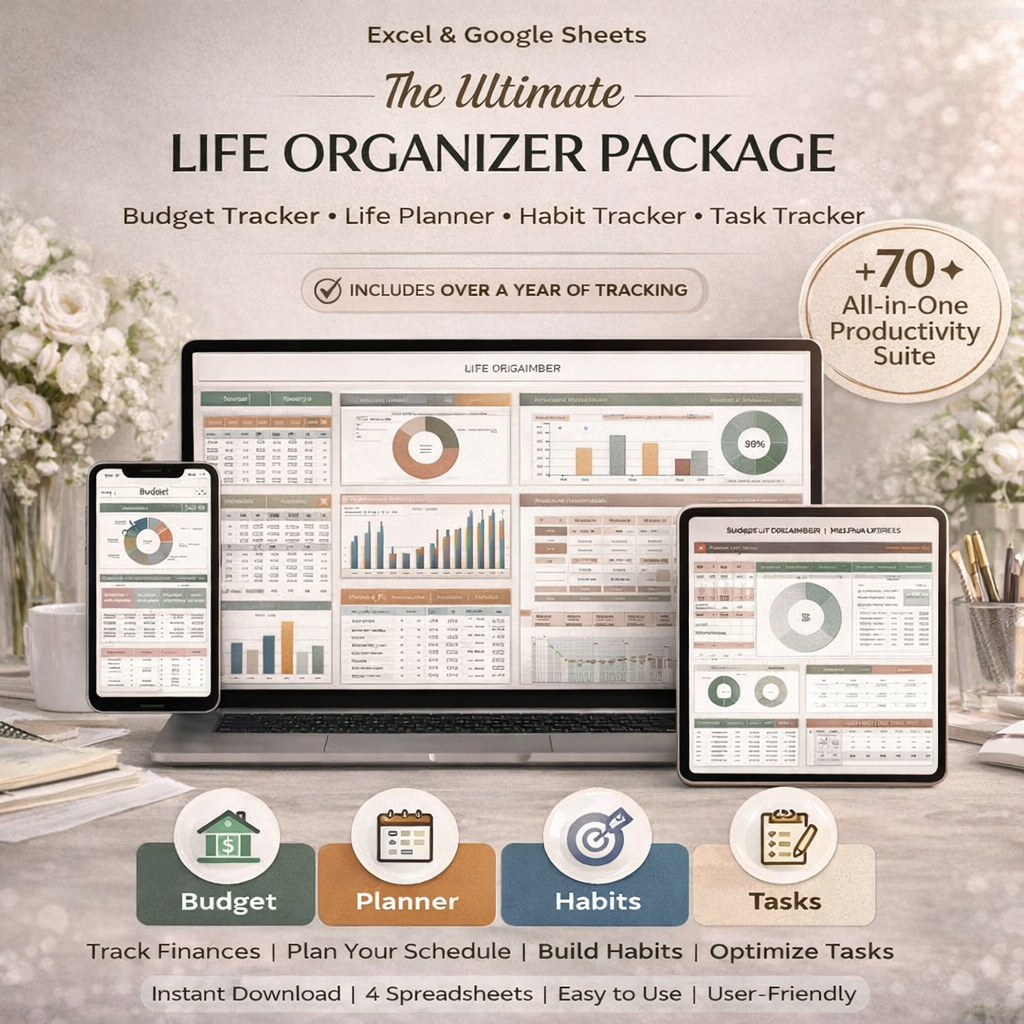 2026 Life Organizer Bundle – Ultimate Budget Spreadsheet, Annual Habit Tracker, Life Planner & Task Manager (Excel & Google Sheets)